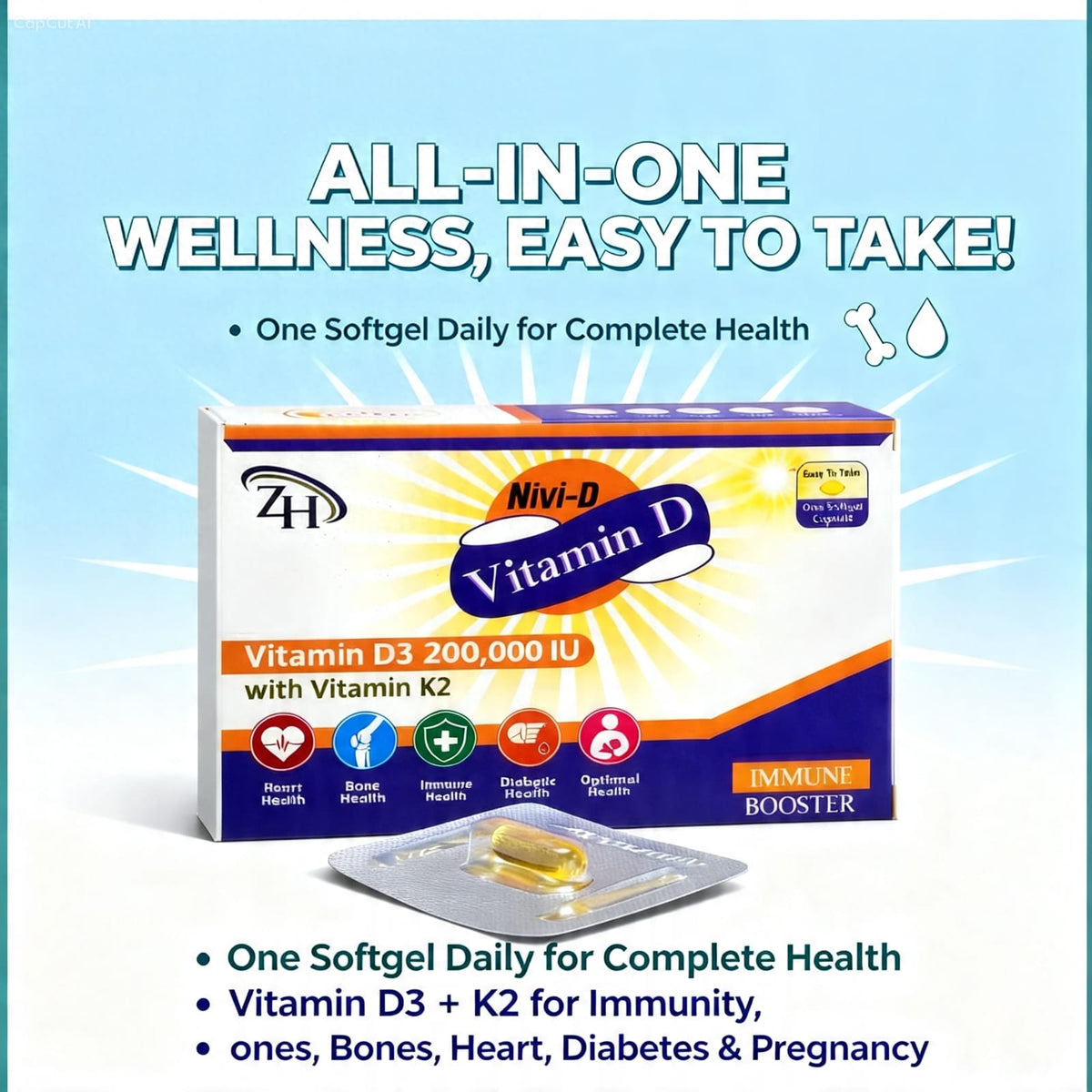 Nivi-D Vitamin D3 200,000 IU with Vitamin K2 – Softgel Capsule